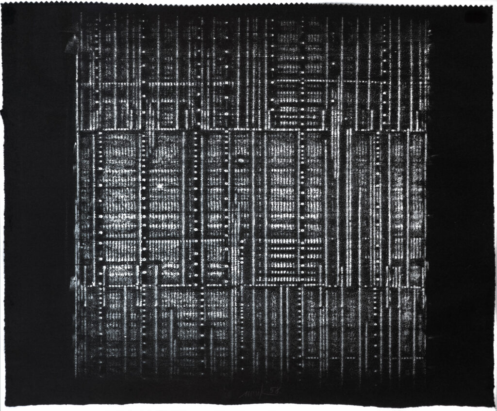 Heinz Mack, "weiße Wachskreide auf schwarz", 1958, Frottage auf Bütten, 41,5 x 48,5 cm